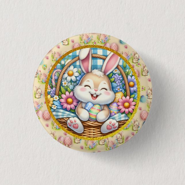 Happy Easter With Cute Bunny, Eggs, and Floral 3 Cm Round Badge (Front)