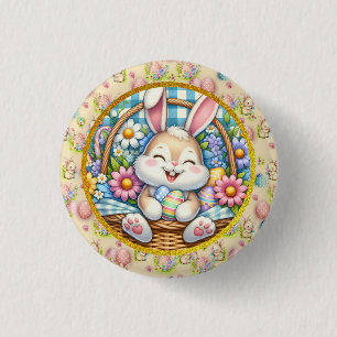 Happy Easter With Cute Bunny, Eggs, and Floral 3 Cm Round Badge