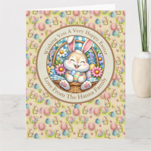 Happy Easter With Cute Bunny, Eggs, and Floral Card