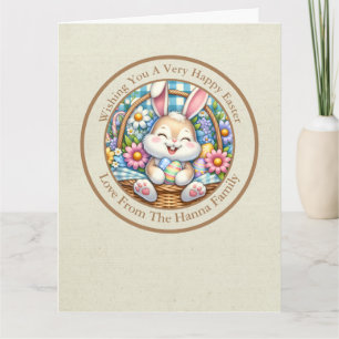 Happy Easter With Cute Bunny, Eggs, and Floral Card