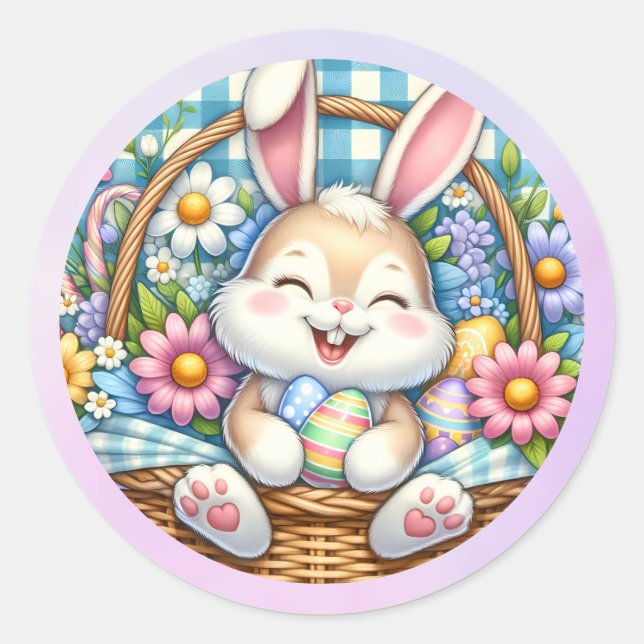 Happy Easter With Cute Bunny, Eggs, and Floral Classic Round Sticker (Front)