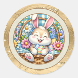 Happy Easter With Cute Bunny, Eggs, and Floral Classic Round Sticker