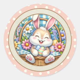 Happy Easter With Cute Bunny, Eggs, and Floral Classic Round Sticker