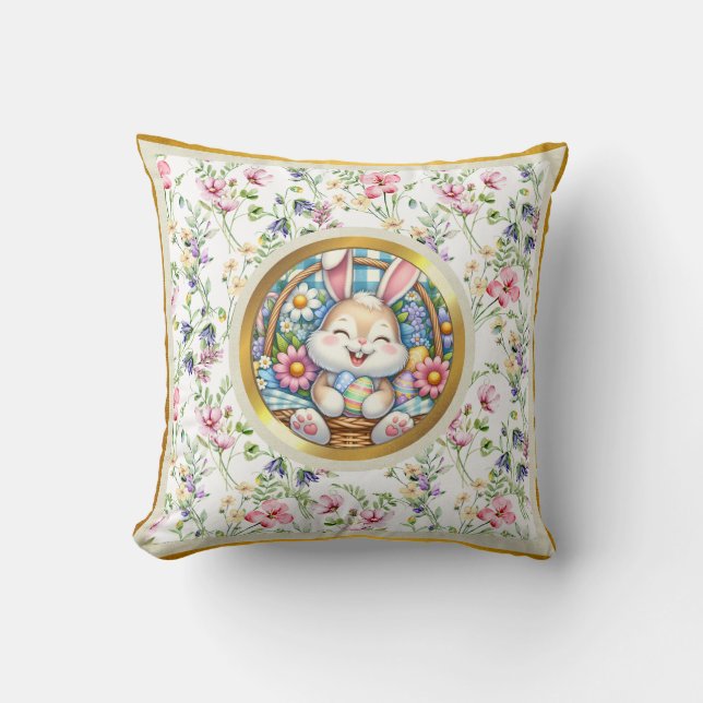 Happy Easter With Cute Bunny, Eggs, and Floral Cushion (Front)