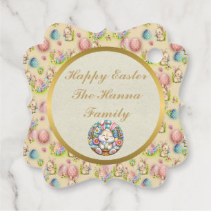 Happy Easter With Cute Bunny, Eggs, and Floral Fav Favour Tags