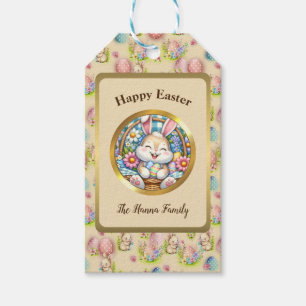 Happy Easter With Cute Bunny, Eggs, and Floral Gift Tags