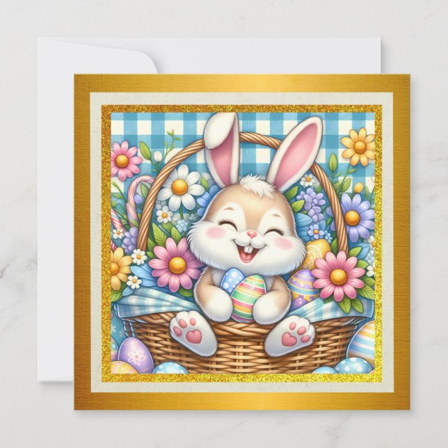 Happy Easter With Cute Bunny, Eggs, and Floral Holiday Card (Front)