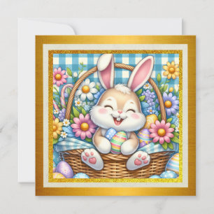 Happy Easter With Cute Bunny, Eggs, and Floral Holiday Card