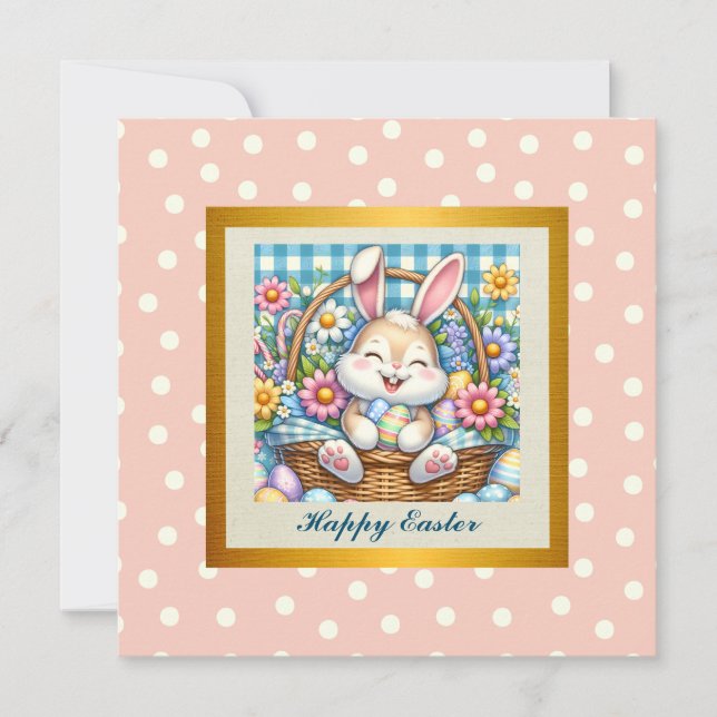 Happy Easter With Cute Bunny, Eggs, and Floral Invitation (Front)