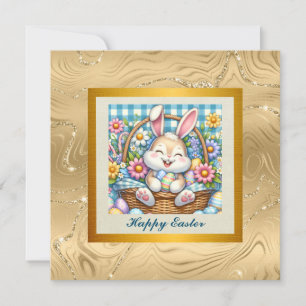 Happy Easter With Cute Bunny, Eggs, and Floral Invitation