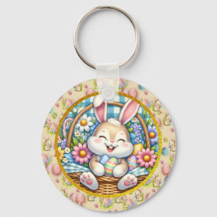 Happy Easter With Cute Bunny, Eggs, and Floral Key Ring