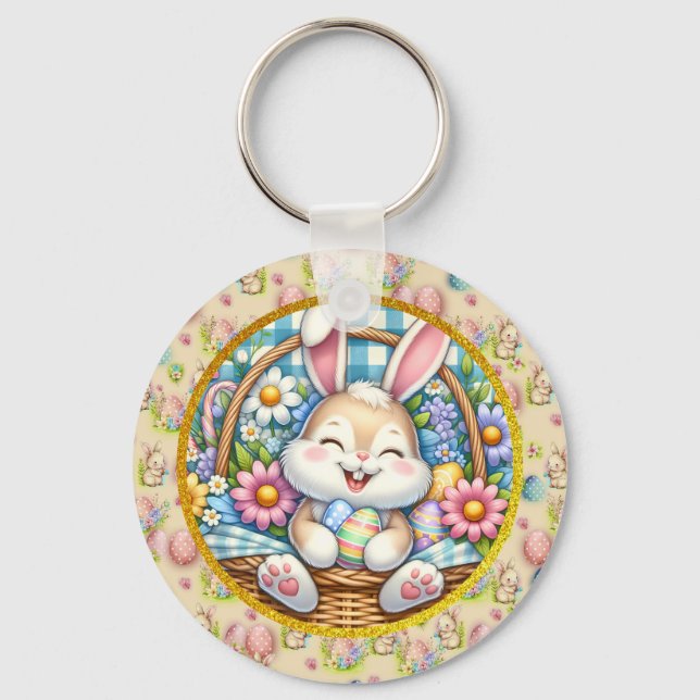 Happy Easter With Cute Bunny, Eggs, and Floral Key Ring (Front)
