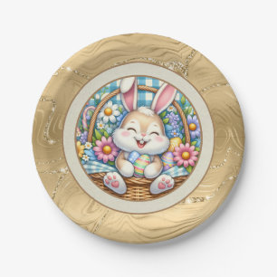 Happy Easter With Cute Bunny, Eggs, and Floral Paper Plate