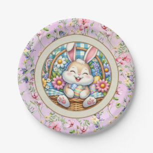 Happy Easter With Cute Bunny, Eggs, and Floral Paper Plate