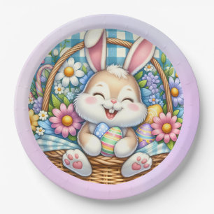 Happy Easter With Cute Bunny, Eggs, and Floral Paper Plate
