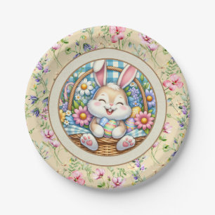 Happy Easter With Cute Bunny, Eggs, and Floral Paper Plate