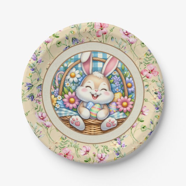 Happy Easter With Cute Bunny, Eggs, and Floral Paper Plate (Front)
