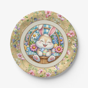 Happy Easter With Cute Bunny, Eggs, and Floral Paper Plate