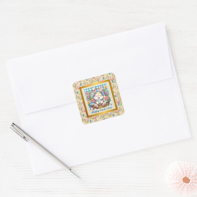 Happy Easter With Cute Bunny, Eggs, and Floral Square Sticker (Envelope)