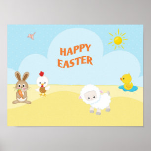 Happy Easter with Cute Farm Animals Poster