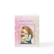 Happy Easter with Cute Girl and Bunny Card