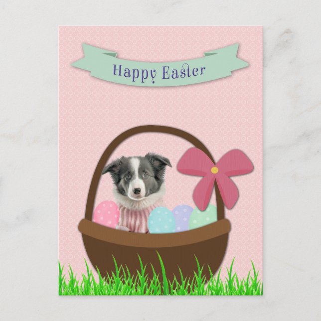 Happy Easter with Dog in Easter Basket Postcard (Front)