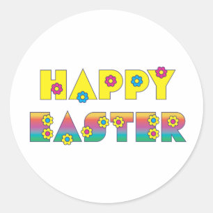 Happy Easter with Flowers Classic Round Sticker