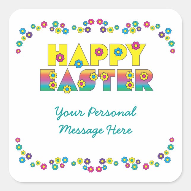 Happy Easter with Flowers Square Sticker (Front)