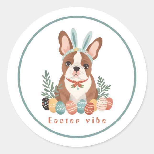 Happy Easter with France Bulldog in Bunny Ears Classic Round Sticker (Front)