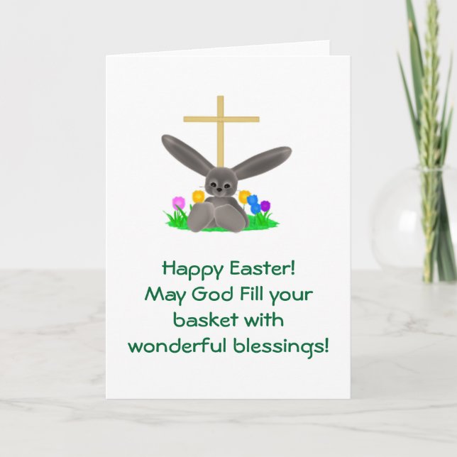 Happy Easter with Gold cross and grey bunny card (Front)