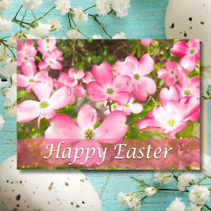 Happy Easter With Pink Dogwood Flowering Tree Holiday Card