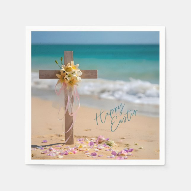 Happy Easter Wooden Cross and Lilies on Beach Napkin (Front)