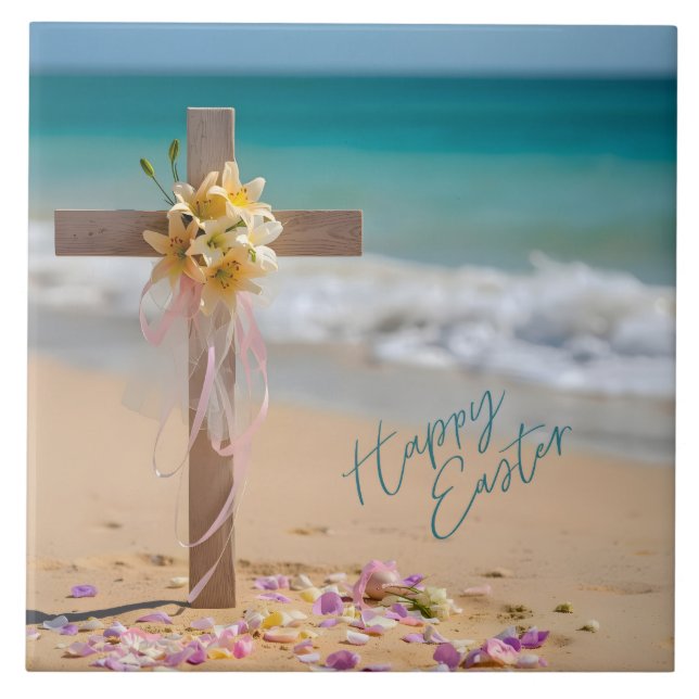 Happy Easter Wooden Cross and Lilies on Beach Tile (Front)