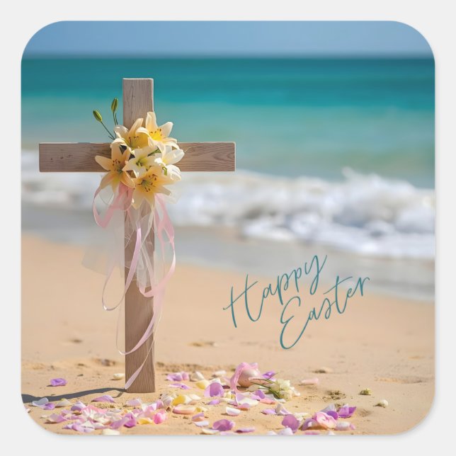 Happy Easter Wooden Cross with Lilies on Beach Square Sticker (Front)