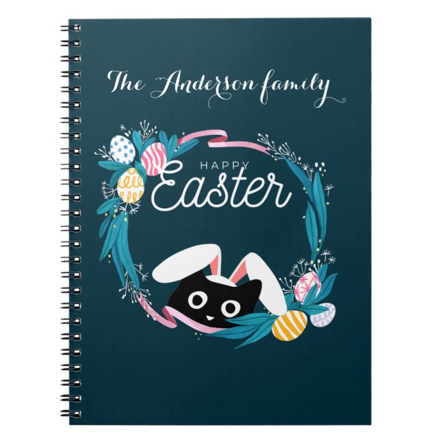 Happy Easter Wreath, Black Cat with bunny ears Notebook (Front)