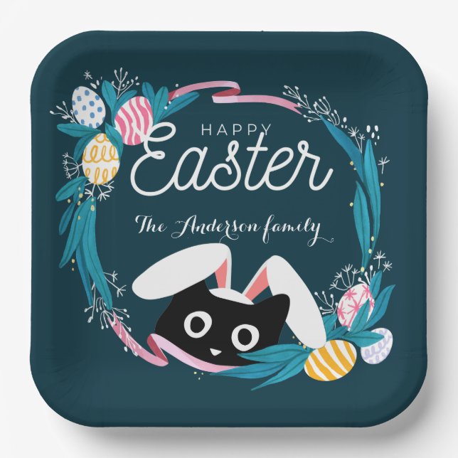 Happy Easter Wreath, Black Cat with bunny ears Paper Plate (Front)