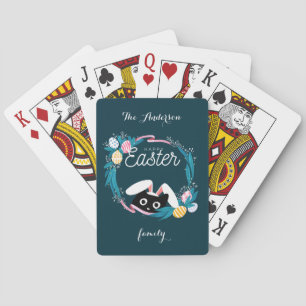 Happy Easter Wreath, Black Cat with bunny ears Playing Cards
