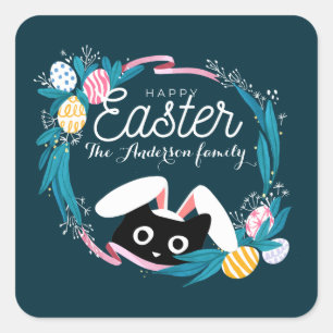 Happy Easter Wreath, Black Cat with bunny ears Square Sticker