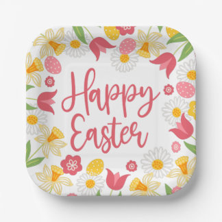 Happy Easter | Yellow and Red Floral  Paper Plate