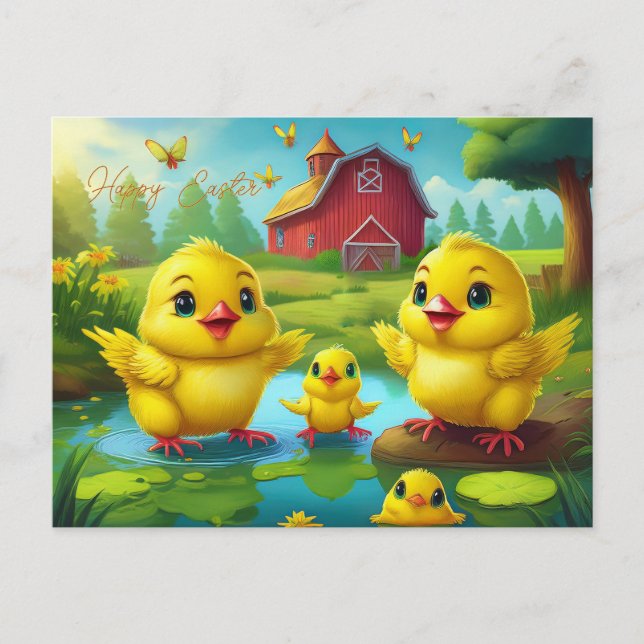 Happy Easter Yellow Chicks in a Pond by a Red Barn Postcard (Front)