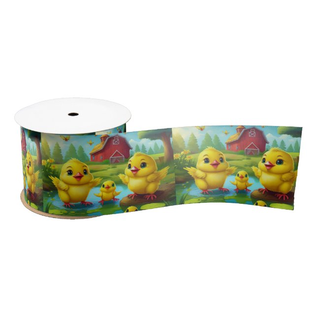 Happy Easter Yellow Chicks in a Pond by a Red Barn Satin Ribbon (Spool)