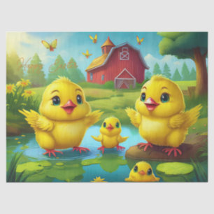 Happy Easter Yellow Chicks in a Pond by a Red Barn Tissue Paper