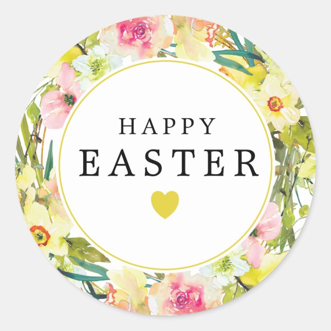 Happy Easter Yellow Daffodil Heart Classic Round Sticker (Front)
