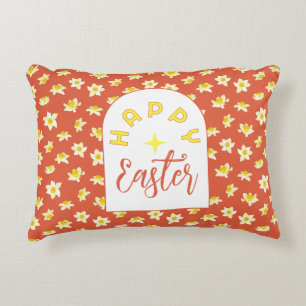 Happy Easter. Yellow Daffodils Spring Modern. Decorative Cushion