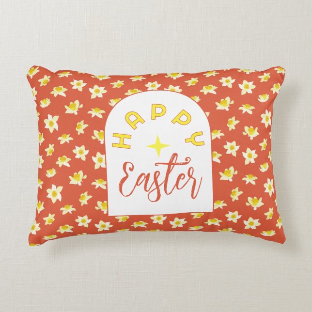 Happy Easter. Yellow Daffodils Spring Modern. Decorative Cushion (Front)