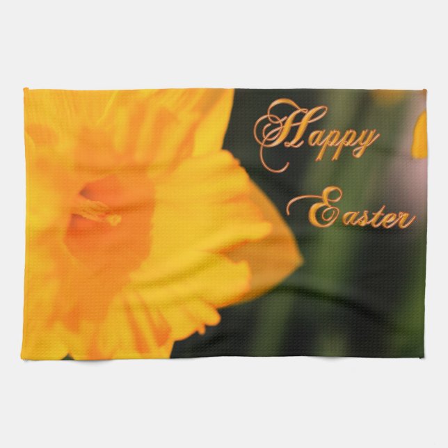 Happy Easter Yellow Spring Daffodil Flower Tea Towel (Horizontal)