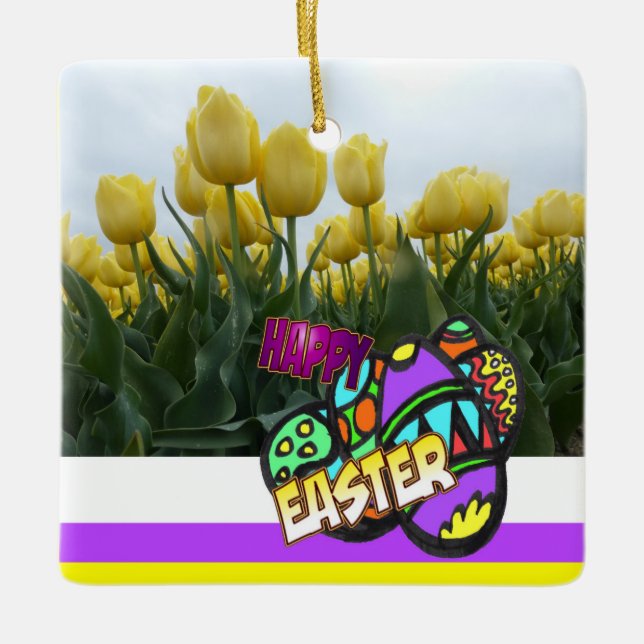 Happy Easter Yellow Tulips Design Ornament (Front)
