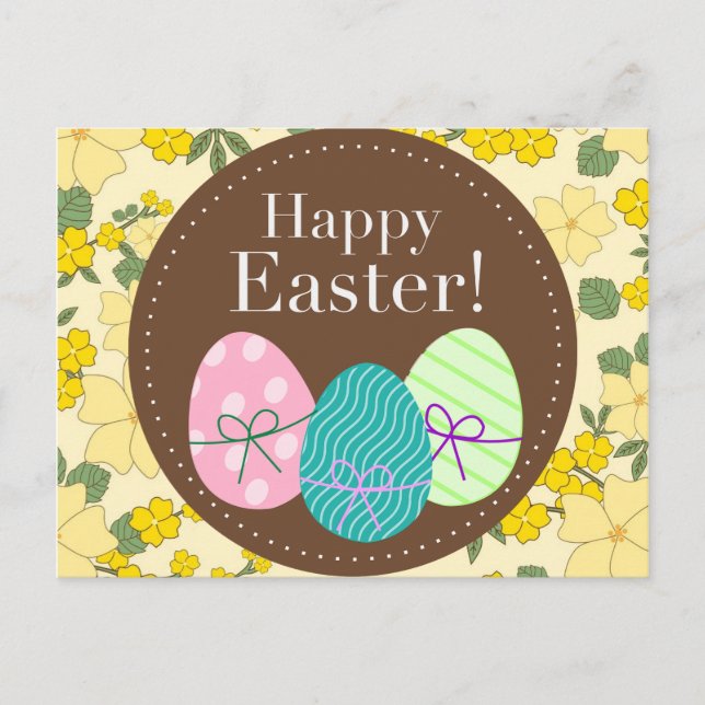 Happy Easter yellow vintage floral postcard (Front)