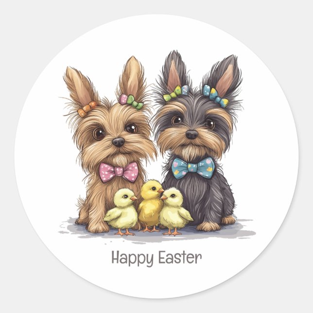 Happy Easter Yorkshire Terrier Dogs Classic Round Sticker (Front)