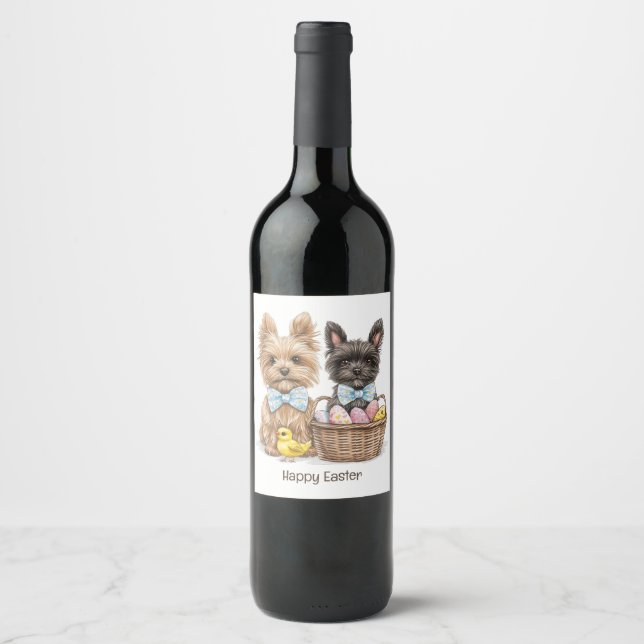 Happy Easter Yorkshire Terrier Dogs Wine Label (Front)